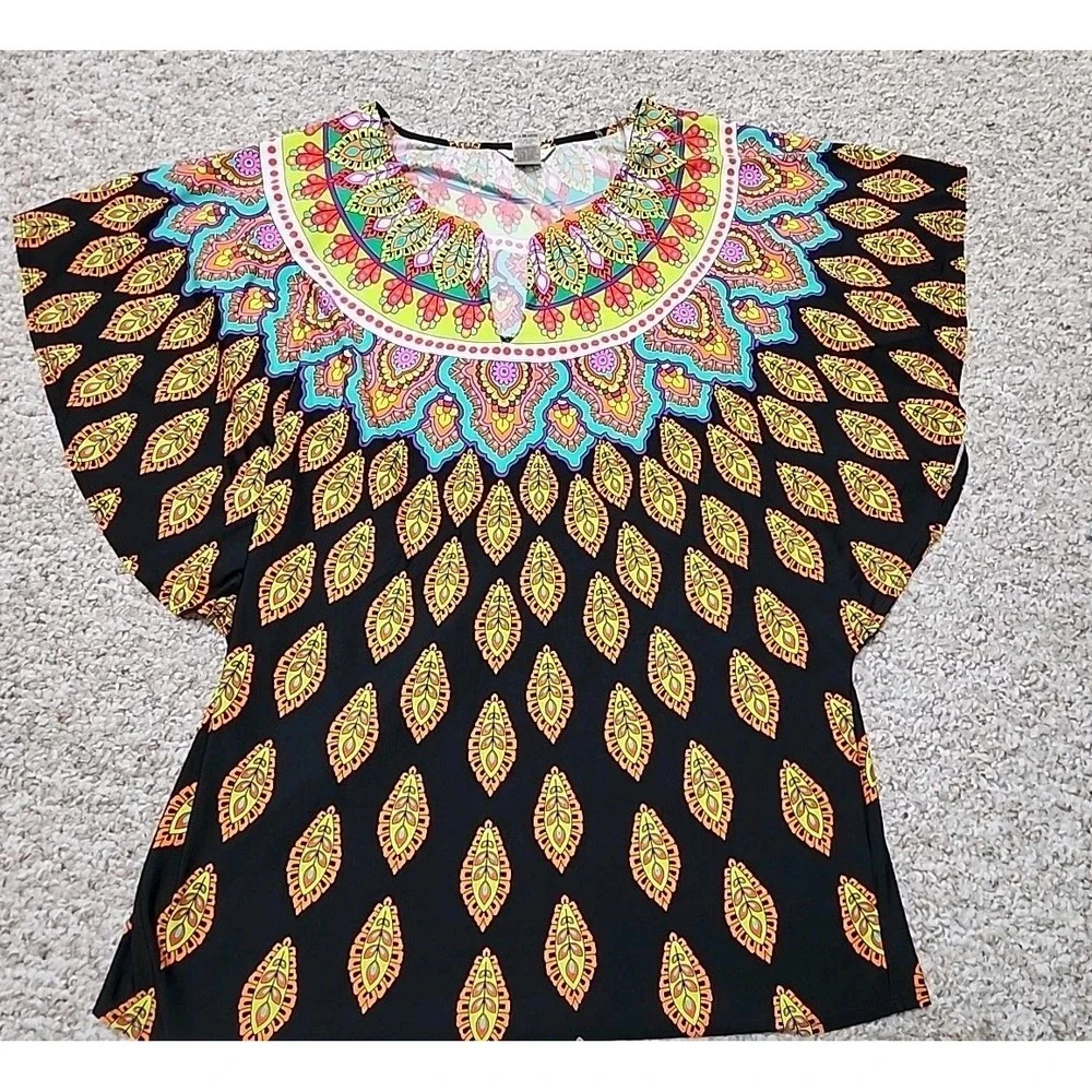 TRINA TURK Moroccan Medallion Black Swimsuit‎ Cover-up Tunic Women Size Large